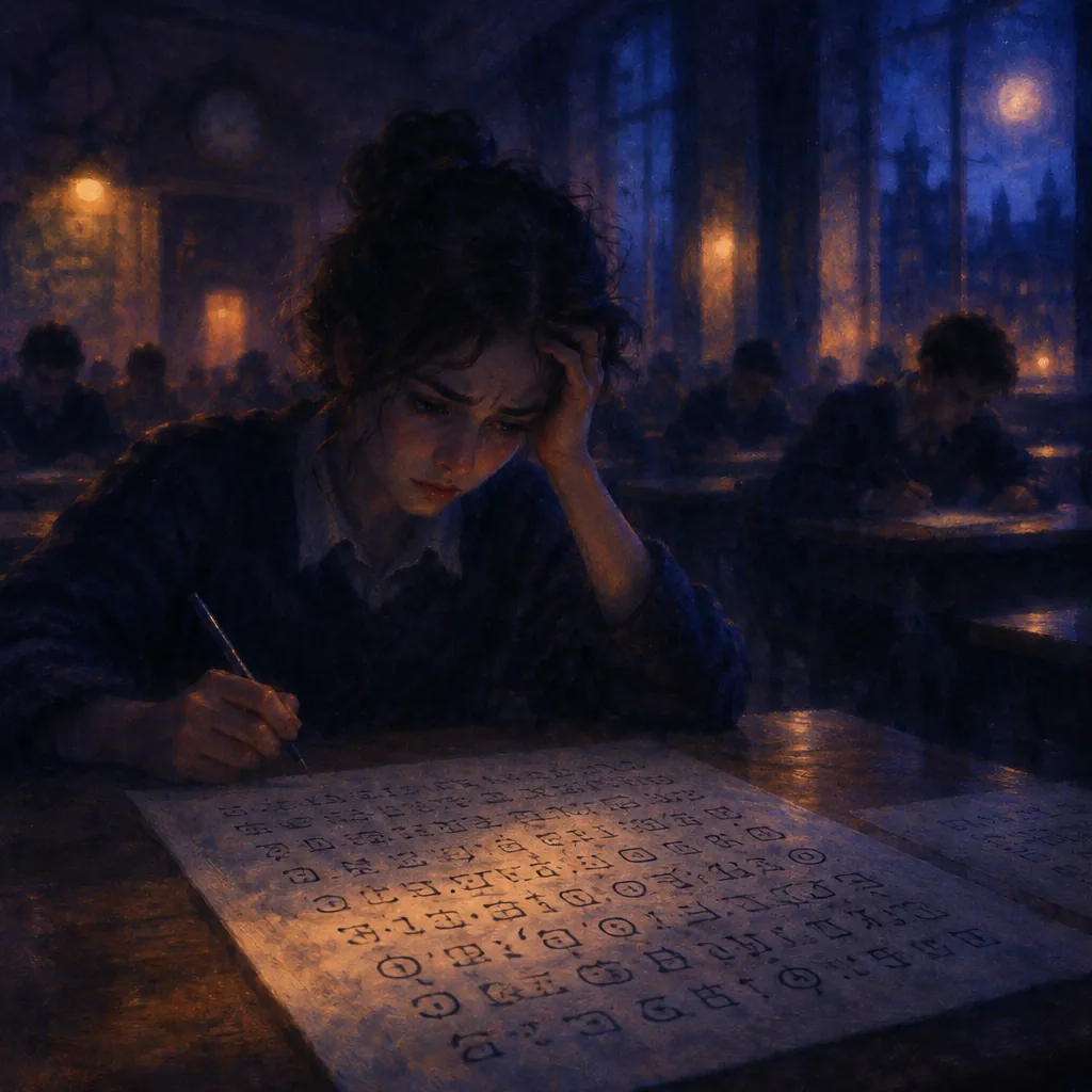 Painting of the dream: I was back at school sitting an exam I had not studied for, and the questions were in a language I could not read.